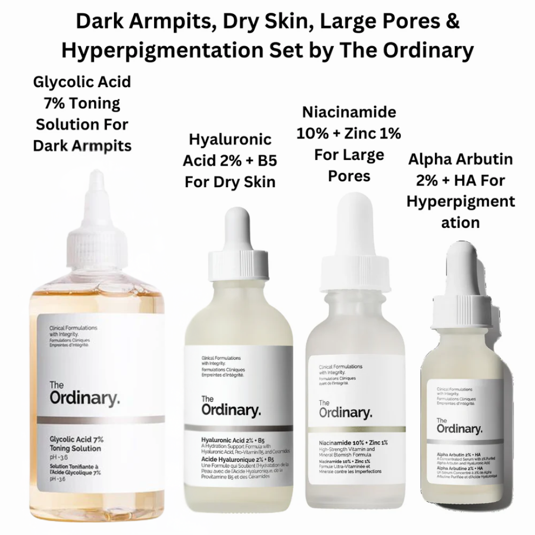 Dark Armpits, Dry Skin, Large Pores & Hyperpigmentation Set by The Ordinary - Brightens, Hydrates, Minimizes Pores, Fades Hyperpigmentation