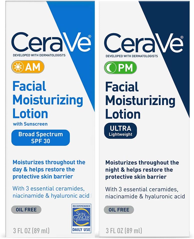 CeraVe Facial Moisturizing Lotion 3 Fl Oz (Pack of 2) AM/PM Bundle 3 Fl Oz 89ml - Moisturizer for hydration