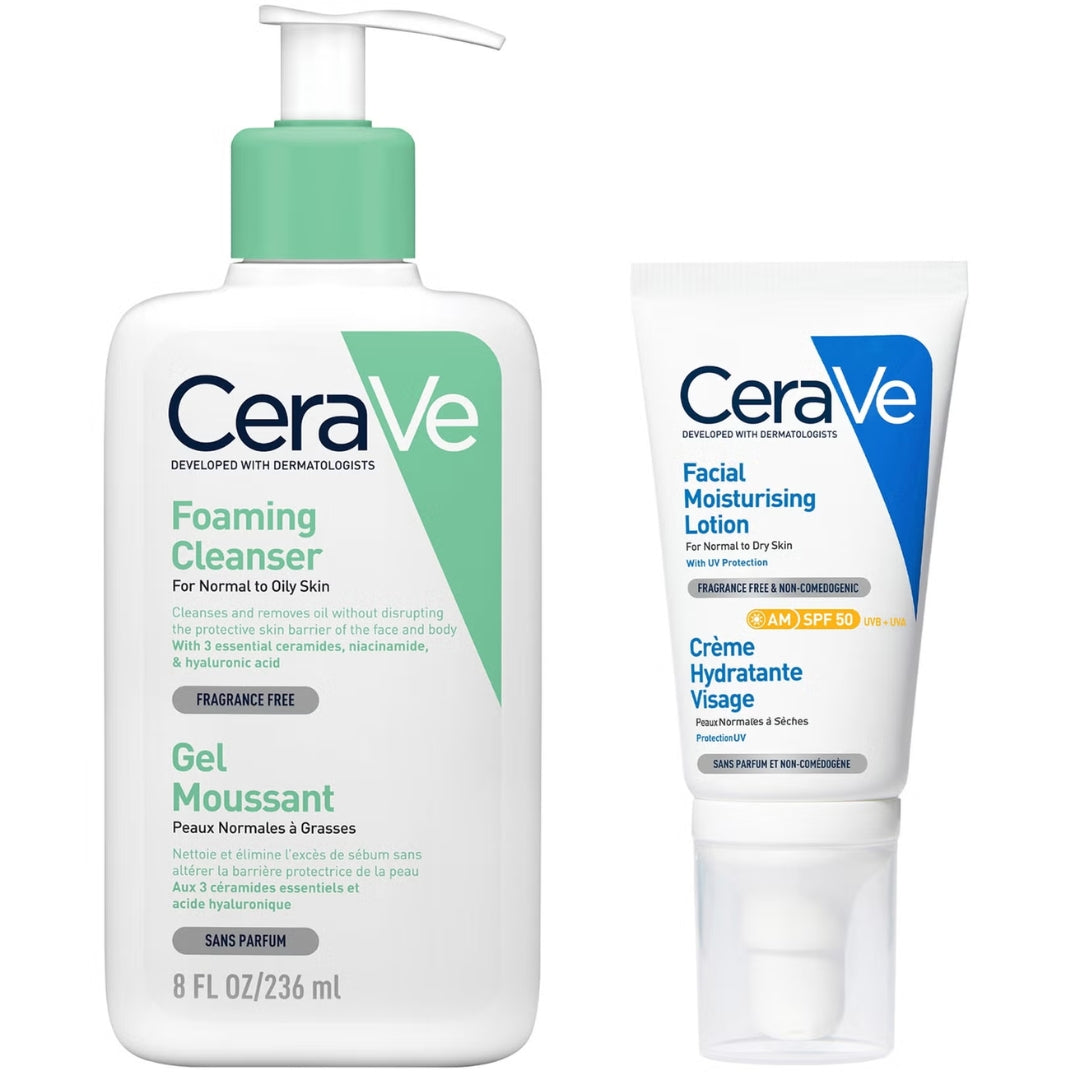 CeraVe Morning Cleanse and Protect Duo for Oily Skin, Cleanser with Niacinamide and Moisturiser with SPF 50 and Hyaluronic